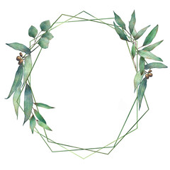 Watercolor eucalyptus green leaves botanical geometrical frame for wedding birthday invitations