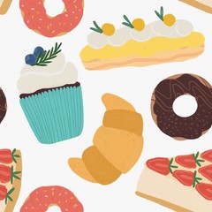 hand drawn illustration with cakes and desserts seamless pattern