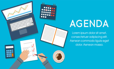 Agenda concept. Businessman at desktop writing agenda. Template, banner for web and print. Vector illustration, flat design. Writing in the clipboard list, time control