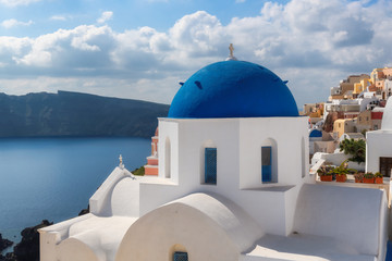 Fototapeta na wymiar Santorini Greek Island with blue and white domed churches on Oia town, Santorini, Greece.