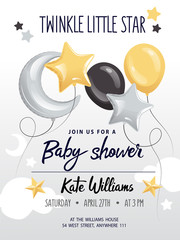 Baby shower boy and girl, invitation card with decorations and place for text. Greeting cards. Flat style. Vector illustration