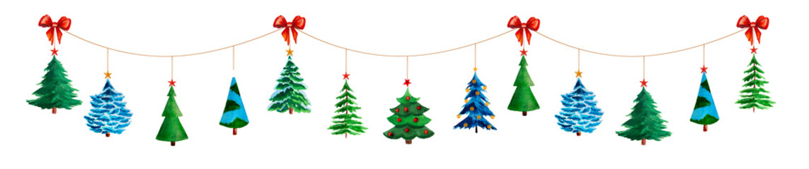 Christmas garland of colorful fir trees and red bow