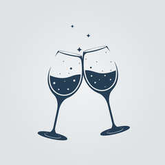 Two champagne glasses clink in toast. Vector illustration flat design. Isolated on white background. The symbol of the bar and restaurant. Celebrating an anniversary or birthday. - obrazy, fototapety, plakaty