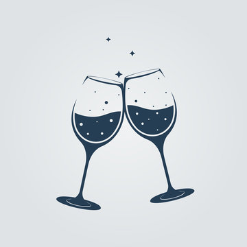 Two champagne glasses clink in toast. Vector illustration flat design. Isolated on white background. The symbol of the bar and restaurant. Celebrating an anniversary or birthday.
