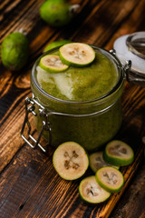selective focus, a jar of feijoa jam