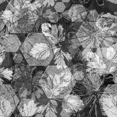 Seamless abstract pattern. Hexagons, leaves and flowers in gray. Flower Kaleidoscope.