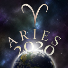 Symbol of the zodiac sign Aries and its name with the year 2020 appearing behind the earth with stars and the universe in the background