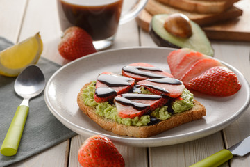 Tasty and healthy breakfast. Toast with mashed avocado
