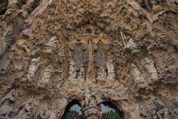 Detail of the external facade of the Sagrada Familia in Barcelona in Spain. The Cathedral is an...