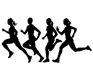 Sports women run a marathon. Isolated figures of athletes on a white background