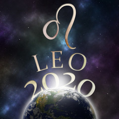 Symbol of the zodiac sign Leo and its name with the year 2020 appearing behind the earth with stars and the universe in the background