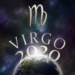 Symbol of the zodiac sign Virgo and its name with the year 2020 appearing behind the earth with stars and the universe in the background