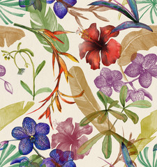 Seamless watercolor pattern with tropical flowers, magnolia, orange flower, vanilla orchid, tropical leaves, banana leaves