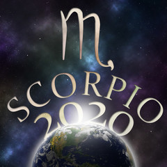 Symbol of the zodiac sign Scorpio and its name with the year 2020 appearing behind the earth with stars and the universe in the background
