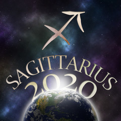 Symbol of the zodiac sign Sagittarius and its name with the year 2020 appearing behind the earth with stars and the universe in the background