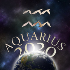 Symbol of the zodiac sign Aquarius and its name with the year 2020 appearing behind the earth with stars and the universe in the background