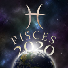 Symbol of the zodiac sign Pisces and its name with the year 2020 appearing behind the earth with stars and the universe in the background