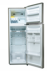 empty open fridge and freezer isolated on white