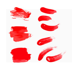 set of wide and narrow brush strokes, red nail polish, isolated element for design.