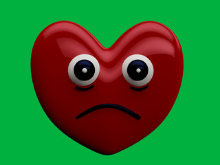 Heart with a sad face expression with a chrome key background - 3D Rendering Concept