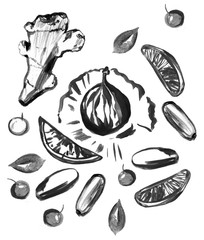 set of food .ginger,figs,lemon