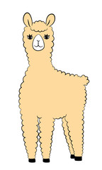 Cute standing yellow llama simple hand drawn flat with outline. Nice  cartoon little animal. Stock vector illustration isolated on white background.