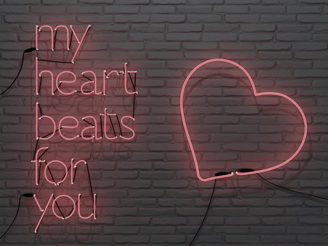 My Hear Beats for You Neon pink Sign - 3d Illustration concept for San Valentine's day