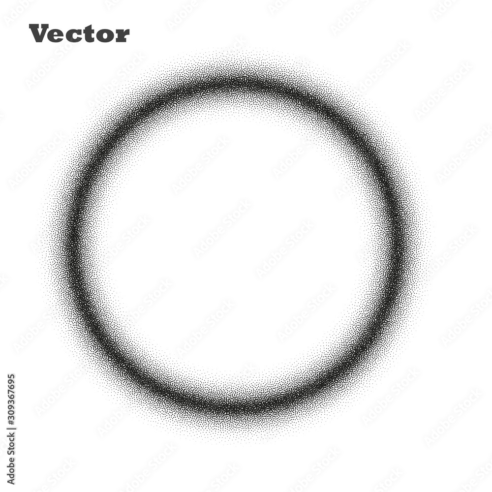 Poster a circle or ring of very small dissolving points, noise, gradient. stipple, grunge. vector monochrom