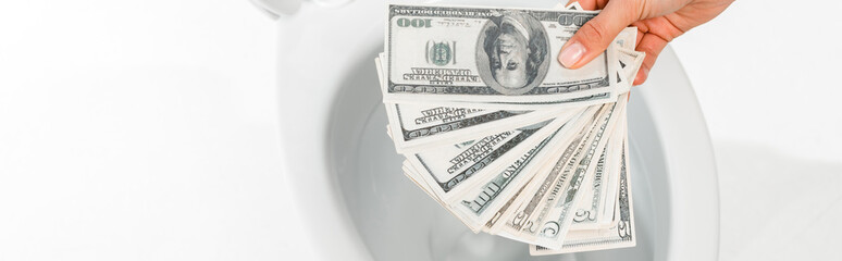 cropped view of woman holding dollars near ceramic clean toilet bowl isolated on white, panoramic shot