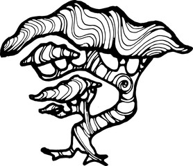 Illustration of a running tree with a spiral ornament. The roots of the feet.