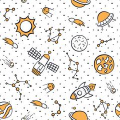 Espace, planètes, étoiles et fusées. Modèle sans couture cosmique en style doodle et dessin animé. Illustration vectorielle dessinés à la main.