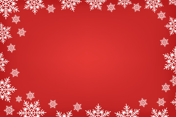 Snowy border pattern on red background. Christmas abstract rectangular frame of white snowflakes. New year vector festive illustration. The margins for the text.