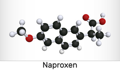 Naproxen C14H14O3 molecule. It is a nonsteroidal anti-inflammatory drug (NSAID). Molecular model
