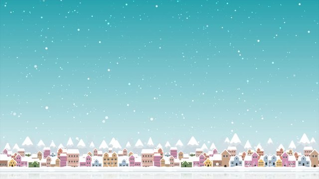 Abstract background cartoon animation city and snowflake particle snow element and lighting effect against the dark background with grain processed