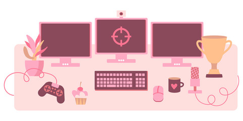 Vector set of gamer pink omputer on a white background in flat style. The design of a streamer blog or gaming esportsman.
