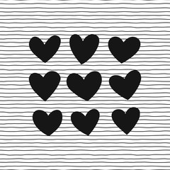 Heart shapes on stripy background. Black and white illustration in vector. Valentines Day design idea.