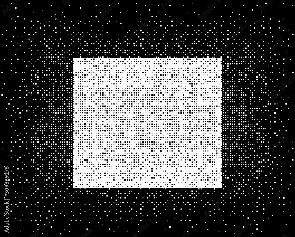 Poster halftone pixels dissolve. chaotic squares. space for text. vector abstract illustration, background.