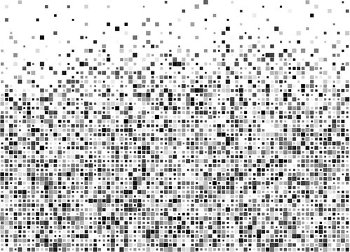 Halftone pixels dissolve, small transparent chaotic particles. An explosion, the squares. Vector abstract illustration background.