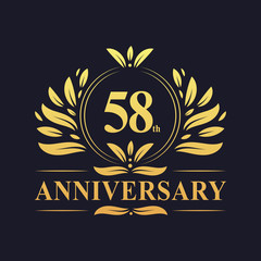 58th Anniversary logo, luxurious golden color 58 years Anniversary logo design celebration.