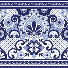 Mexican Talavera Poblana vector seamless pattern, repetitive background inspired by traditional pottery and ceramics design from Mexico in navy blue