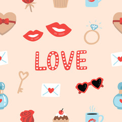 Seamless pattern with hearts, lips, ring, rose, love word, cupcake, cup of coffee, box with bow, sunglasses, etc. Illustration for fabric, scrapbooking, wrapping paper.