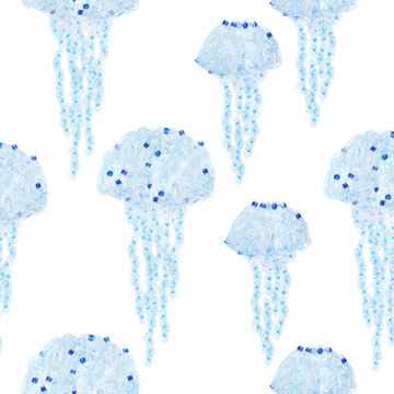 Jellyfish from blue crumpled bottle- plastic. Isolated seamless pattern- concept of saving the environment and pollution of the world ocean