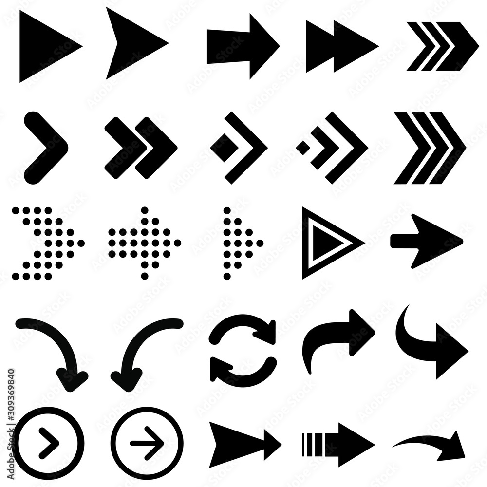 Poster black arrows set on white background. arrow, cursor icon. vector pointers collection. back, next web