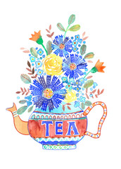 watercolor illustration - a bouquet of flowers in a teapot