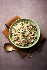Okra or Bhindi rice also known as Vendakkai Sadam, served in a bowl, selective focus