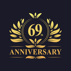 69th Anniversary logo, luxurious golden color 69 years Anniversary logo design celebration.