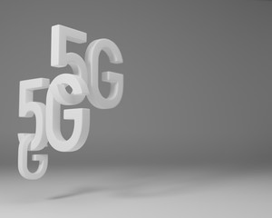 3D render of a 5G logo digits in white background with depth of field and motion blur. 