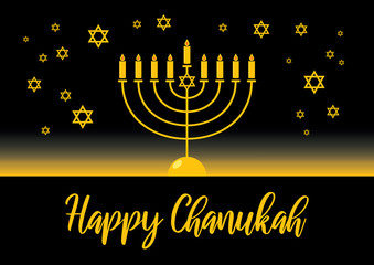 Happy Chanukah golden menorah vector. Golden candelabrum on a black background. Happy Chanukah greeting card. Jewish holiday Chanukah. Falling Jewish stars. Important day