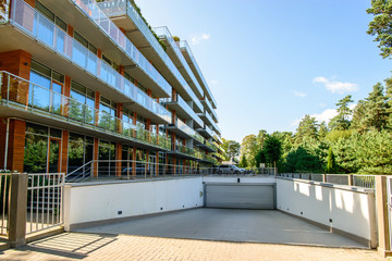 Underground garage. Modern underground garage with automatic door