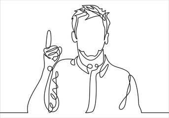 businessman holding up his index finger and giving advice. Attractive manager speaking with speech bubble. Modern character design. illustration in the flat style-continuous line drawing